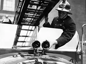 Vintage Fire Engine Prints: Firefighter with fire engine