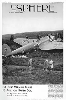 Prints of Front cover of The Sphere with a photograph of the first German plane, a bomber, which crash-landed over the East Lothian hills in October 1939. Two of the crew were killed and one wounded Airplanes And Aviation Prints: First German Plane to Fall on British Soil Print, 1939