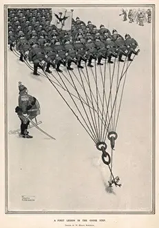 Prints of A small scrawny goose leading Germen troops, in a goose-stepping lesson Related Prints: Heath Robinson's 'First Lesson in the Goose Step' Print