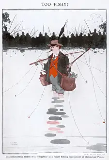 Prints of Unsportsmanlike tactics of a competitor at a recent fishing tournament at Hampstead Ponds Welcome to the whimsical and wonderfully inventive world of William Heath Robinson: Too Fishy: A Humorous Illustration by William Heath Robinson, Print