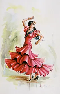 Prints of A Flamenco dancer in a red dress strikes a commanding pose Related Image Prints: Flamenco Dancer Print - Red Dress Pose