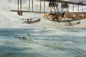 Prints of FLEMING-WILLIAMS, C.R. (19 c.-20 c.). Hit!: A patrol of F2A flying boats bombing a German submarine. ca. 1918. Watercolour. UNITED KINGDOM. ENGLAND. London. Imperial War Museum Airplanes And Aviation Prints: Fleming-Williams, C.R. - Hit!: A Patrol Print (1918)