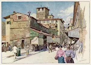 Prints of On the PONTE VECCHIO - shops and passers-by Florence Prints: Florence Ponte Vecchio Print - Shops and Passers-by on the Bridge