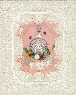Flowers, fountain and birds on a paper lace romantic card Flowers, fountain and birds on a paper lace romantic card