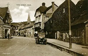 Fore Street, Beer, Devon Print with Vintage Bullnose Morris Car