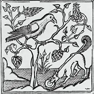 Prints of The fox and the crow. Aesops fable.Date: 15th century Aesop Prints: 15th Century Print of The Fox and the Crow, Aesop's Fable