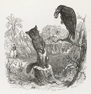 Prints of The cunning fox is able to trick the crow into dropping the cheese from her beak by implying that she cannot sing Aesop Prints: The Fox and the Crow Print