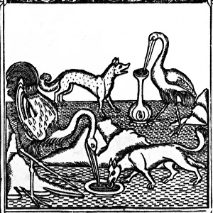 Prints of The fox and the stork. Aesops fable.Date: 15th century A Prints: 15th Century Print of The Fox and the Stork, Aesop's Fable