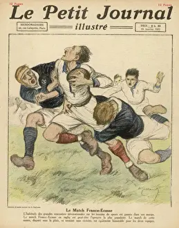 Prints of A Scottish player is tackled by a pair of Frenchmen. The match finished in a draw at 3- 3 Related Prints: France vs Scotland Rugby Print: Tackled by French Players
