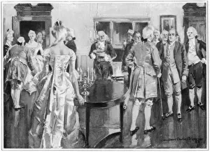 Prints of BENJAMIN FRANKLIN the American statesman, scientist and philosopher in a colonial drawing room Colonial America Illustration Prints: Benjamin Franklin Print - Colonial Drawing Room Scene