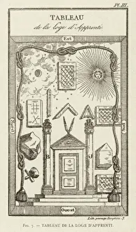 Print of an Apprentice Freemason with symbolic emblems