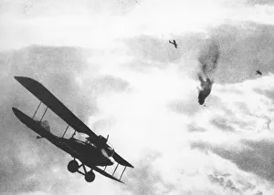 French balloon shot down by German aircraft, WW1 French balloon shot down by German aircraft, WW1