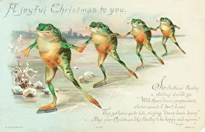 Four frogs ice skating on a Christmas card