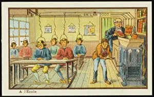Print of a boy operating a futuristic teaching machine in a classroom
