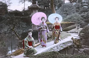 Garden Scene, Japan - Geisha - Posed on a small stone bridge Garden Scene, Japan - Geisha - Posed on a small stone bridge