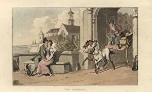 A gentleman and woman kiss on a bench near a town gate A gentleman and woman kiss on a bench near a town gate