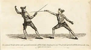 Gentlemen fencers in thrust and parry positions Gentlemen fencers in thrust and parry positions
