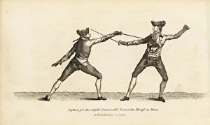 Gentlemen fencers in Tierce guard and thrust position Gentlemen fencers in Tierce guard and thrust position