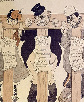 German cartoon, three allies in the stocks, WW1 German cartoon, three allies in the stocks, WW1