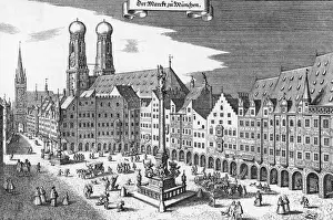Circa 1650 German Engraving Print of Münchner Markt