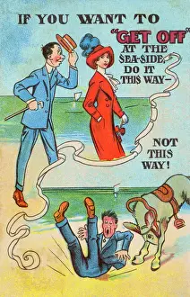 Prints of If you want to Get Off at the seaside, do it THIS way - not THIS way! A man has more success getting off with the ladies than he does from an irate beach donkey! Date: circa 1910s Related Prints: Getting Off at the Seaside Print, circa 1910s