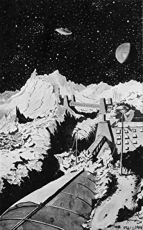 Prints of The Moon will surely be rich in valuable minerals: a gold mine there could be a profitable investment. Date: 1895 Space Exploration Prints: Gold Mining on the Moon Print, 1895