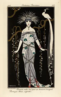Grand evening dress in silver brocade, blue wig and feathers Grand evening dress in silver brocade, blue wig and feathers