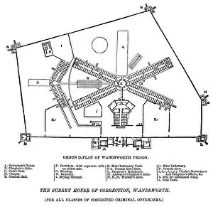 Prints of Ground plan of Surrey Prison and House of Correction, Wandsworth Date: 1862 Surrey Prints: Ground Plan of Wandsworth Prison Print 1862