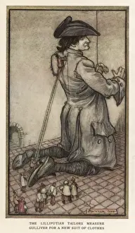 Gulliver & Clothes: Lilliputian Tailors Measure Print, 1726