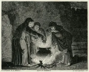 Prints of Act IV, Scene I The witches in their cavern, gathered around the boiling cauldron; in the poisn d entrails throw Halloween Posters: Macbeth Print: Witches Gather Around a Boiling Cauldron