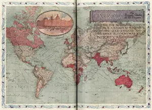 Prints of A world map, advertising Harrods department store, touted here as the supply centre of the British Empire Harrods Prints: Harrods Department Store World Map Print, c. 1909