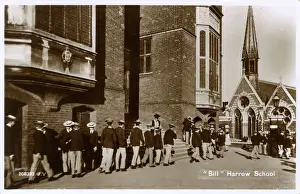 Prints of Bill or call-over is a compulsory roll call, held in each House at Harrow School three times a day. Date: circa 1920s Harrow Prints: Harrow School Bill circa 1920s Print