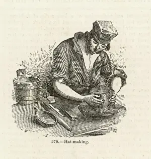 Prints of A London hatmaker blocks a gentlemans top hat : the body of the hat is made from rabbit fur, covered with beaver fur, and shaped according to the fashion of the day Beaver Prints: Hatter Circa 1850 Print: A London Hatmaker Blocks a Gentleman's Top Hat