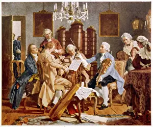 Prints of Hayden and companions perform a string quartet at the Esterhazy home, Hungary Date: 1732 - 1809 Joseph Haydn Prints: Haydn Performs at Esterhazy Home, Hungary 1732-1809 Print