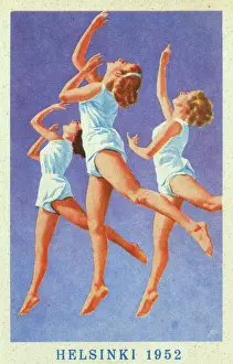 Prints of Three female gymnasts used as the subject for a promotional card for the Helsinki Olympic Games of 1952. Date: 1952 Finland Prints: 1952 Helsinki Olympics Gymnasts Print