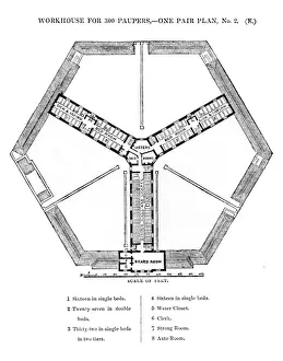 Victorian Era Poverty Relief Prints: Hexagonal workhouse, first floor plan