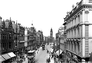 Prints of High Street, Belfast - elevated view with trams, horse vehicles, motor cars and people. (Location: Northern Ireland: County Antrim: Belfast). Date: circa early 1900s Antrim Prints: Early 20th Century Belfast High Street Print