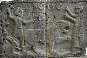 Hittite art. Orthostat. 8th century BC. Relief: Hunting a li Hittite art. Orthostat. 8th century BC. Relief: Hunting a li