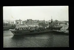 Prints of HMS Vengeance (R71), British light aircraft carrier, Colossus-class. Seen here in Malta harbour. Date: circa 1950s Malta Prints: HMS Vengeance Print, Colossus-class Aircraft Carrier
