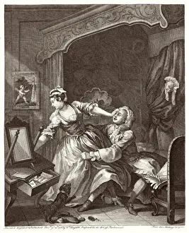 William Hogarth Prints: Etching Print of a Reluctant Lady and Her Seducer by Hogarth