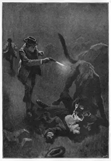 The Hound of the Baskervilles Print: Holmes Fires at the Dog