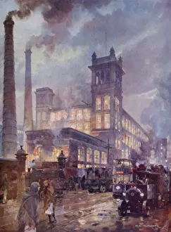 Prints of Traffic passing the smoking chimneys of Horrockses, Crewdson and Co. Centenary Cotton Mills, Preston. The factory windows are illuminated Industrial Prints: Horrockses Crewdson & Co Print: Factory Scene at Night