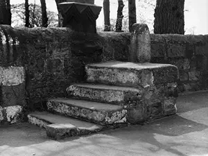 Prints of The old stone mounting steps at Adel Church, Leeds, Yorkshire, England, reminding us of the days when people went to church on horseback. Date: 1950s Leeds Prints: Horse Mounting Steps Print, Adel Church, Leeds