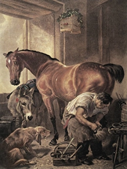 Horseshoer. Coloured engraving (19th c.) Horseshoer. Coloured engraving (19th c.)