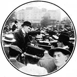 Prints of A speaker in Hyde Park, at Speakers Corner orates to a listening crowd in 1912. Since 1872, people have been allowed to speak at Speakers Corner on any subject they want Speakers Corner Prints: Print of a 1912 Humanitarian Deism speaker at Speakers Corner in Hyde Park