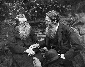 Prints of WILLIAM HOLMAN HUNT artist, talking with John Ruskin (on the left) in the garden of Ruskins home at Coniston in the Lake District. Date: 1827 - 1910 William Holman Hunt Prints: William Holman Hunt Print: Ruskin at Coniston