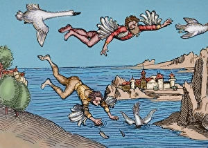 Icarus and Daedalus flying. Engraving. Colored Icarus and Daedalus flying. Engraving. Colored