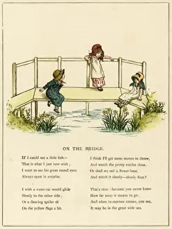 Three children on a bridge over a river Print