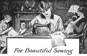 New Images July 2023 Collection: Illustration of a family of women sewing at home, the centre figure using a sewing machine