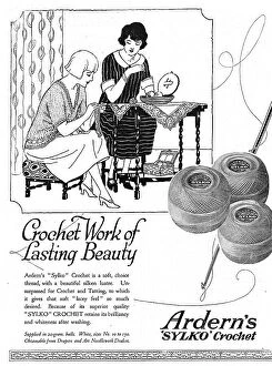 New Images July 2023 Collection: Illustration of two ladies doing their crochet together indoors. Advert for Arderns Sylko Crochet